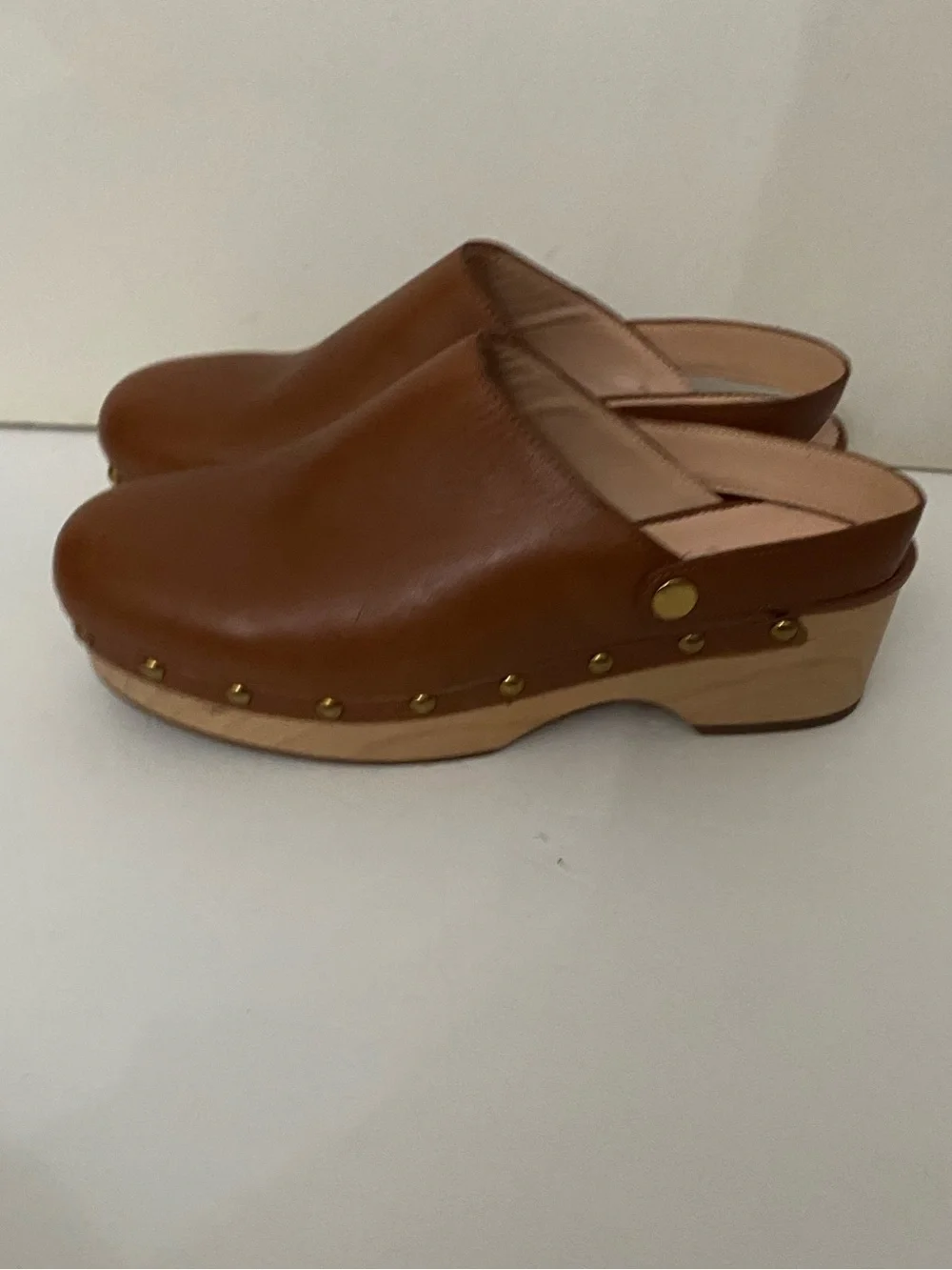 Women's Brown Leather Clog Mules with Studded Wood-Look Sole
